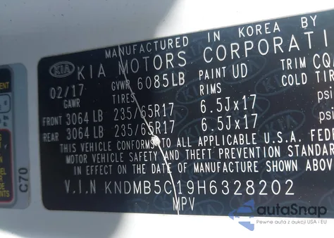 2017 Kia Sedona Lx from USA, damaged, VIN KNDMB5C19H6328202